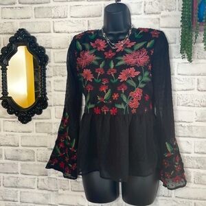 American Eagle Embroidered Floral Mesh Babydoll Boho Hippie Blouse Top Shirt XS